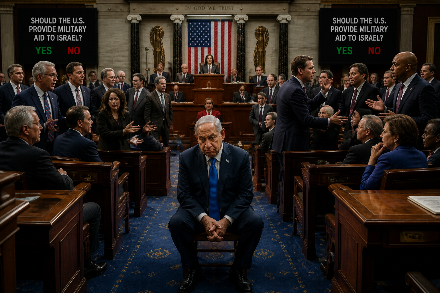 Netanyahu avec des expressions faciales coupables