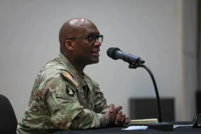 Gen. Xavier Brunson, the commander of US Forces Korea, speaks to reporters during a press conference at Camp Humphreys in Pyeongtaek on Aug. 8, 2025. (courtesy of USFK)